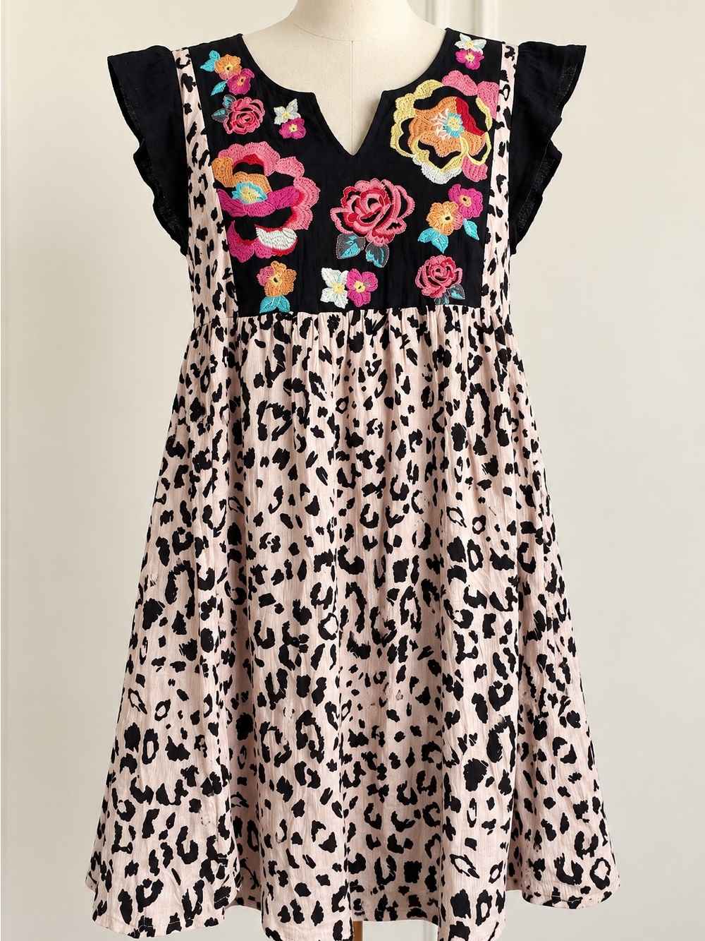 Savanna Jane Small Leopard Print Embroidered Floral Cotton Babydoll Dress